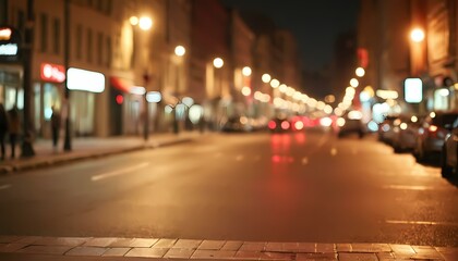 Fototapeta premium blurry city street at night with wet pavement, vibrant scenic background for digital wallpaper and creative storytelling.