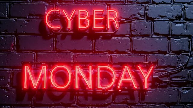 Bright red neon "CYBER MONDAY" sign glowing against a brick wall, symbolizing online retail sales and digital shopping events. - Powered by Adobe