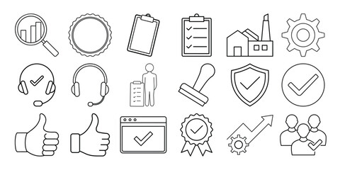 Collection of business and success icons representing growth quality and approval isolated on white background