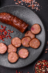 Homemade meat or vegan sausage grilled with spices. Homemade sausage cooked on barbecue