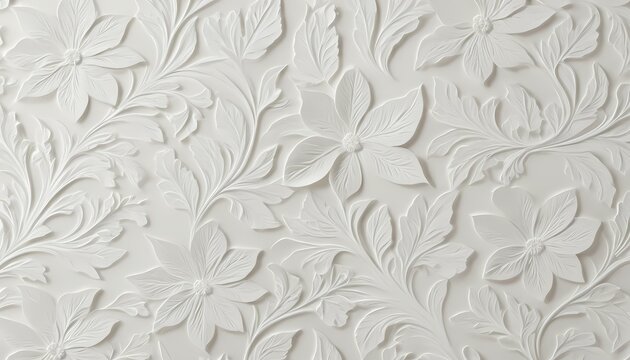 intricate white floral relief with raised leaf patterns, serene 3d render for design and texture with ornate details