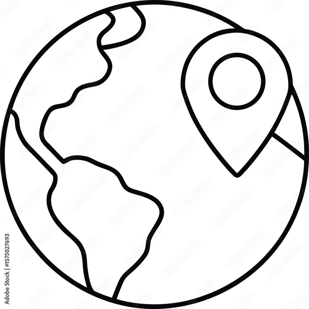 Poster outline globe with map pin icon simple line art design for navigation and travel