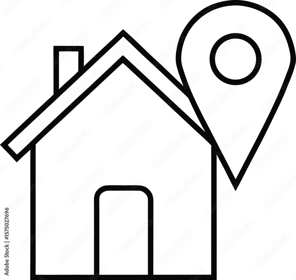 Poster simple line drawing of a house with a map pin location marker