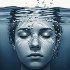 A serene and peaceful underwater portrait of a woman with closed eyes, surrounded by bubbles and beautiful caustic light
