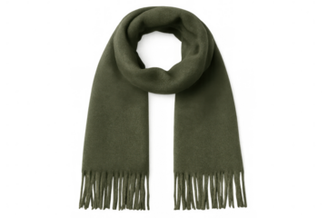 Warm green wool scarf folded and resting on a transparent background, offering a cozy accessory for stylish winter outfits