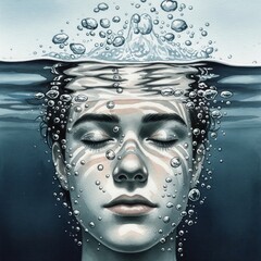 A serene and peaceful underwater portrait of a woman with closed eyes, surrounded by bubbles and beautiful caustic light
