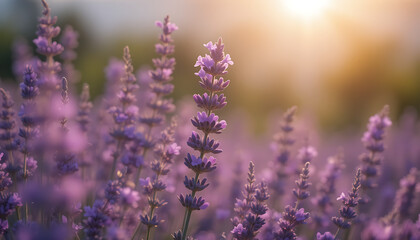 Obraz premium A field of vibrant purple lavender flowers is bathed in the soft, golden light of the setting sun, creating a peaceful and aromatic scene