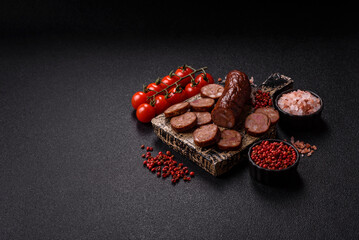 Homemade meat or vegan sausage grilled with spices. Homemade sausage cooked on barbecue