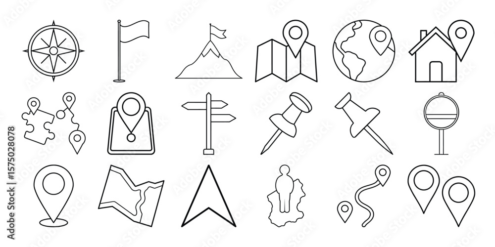 Poster collection of navigation and location icons including compass map globe house and pins isolated on w