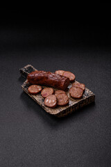 Homemade meat or vegan sausage grilled with spices. Homemade sausage cooked on barbecue
