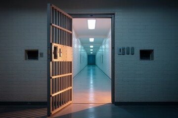Open prison door revealing a long, dimly lit corridor with stark white walls and fluorescent lights