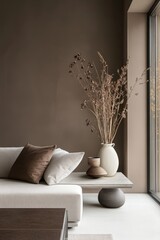 Modern living room corner, neutral tones, dried flowers.  Interior design