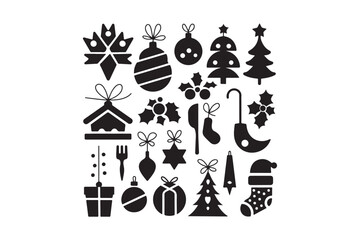 Collection of black christmas icons and ornaments on white background