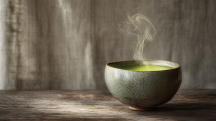 テーブルに置かれた陶器の湯飲みが湯気を漂わせる静物