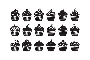 Collection of diverse black and white cupcake icons with various toppings