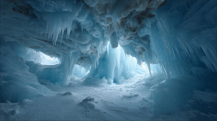 氷の洞窟内部で青白い氷柱が幻想的にきらめく空間