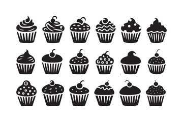 Collection of black and white cupcake icons with various toppings and designs