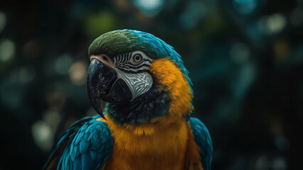 Captivating Close-up of a Blue and Gold Macaw with Striking Plumage and Expressive Eye on a Blurred Background