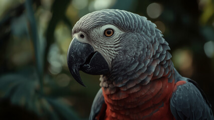 Regal African Grey Parrot with Detailed Plumage and Striking Orange Eye Against a Softly Blurred Background