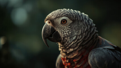 Close-up Profile of an African Grey Parrot with Detailed Plumage and Expressive Orange Eye