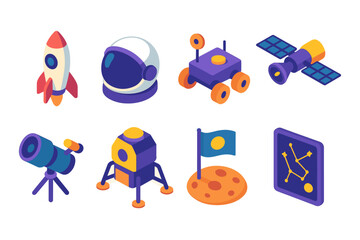 Colorful isometric space exploration icons with rocket and satellite