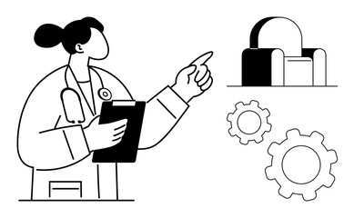 Healthcare worker holding clipboard and pointing toward chair and gears symbolizing planning, process, and strategy. Ideal for healthcare, innovation, teamwork, research, technology, productivity