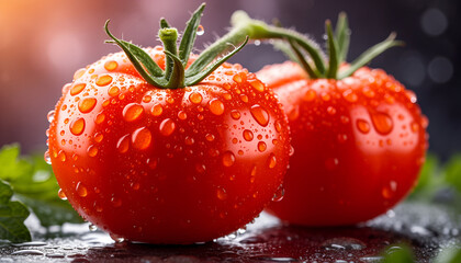 Fresh Red Tomatoes with Water Droplets on Dark Background