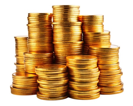 Numerous stacks of shiny gold coins piled high with sharp focus isolated on a transparent background