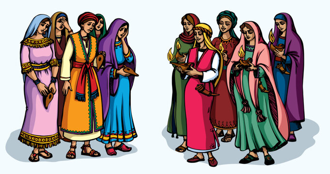 Vector drawing. 10 girls with lamps
