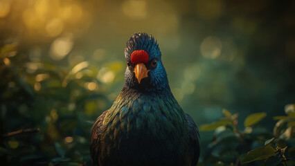Frontal Close-up of a Striking Green Turaco Bird with a Prominent Red Crest and Golden Beak Amidst Green Foliage