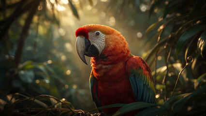Close-up Profile of a Photorealistic Scarlet Macaw with Vibrant Red, Yellow, and Blue Plumage in a Softly Lit Jungle Setting