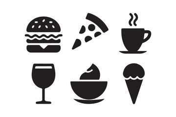 Collection of six simple black icons representing food and drink items