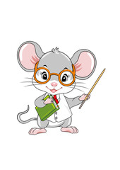 Smart little mouse teacher with a pointer and a book in his hands