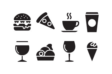 Collection of black and white food and drink icons on a white background