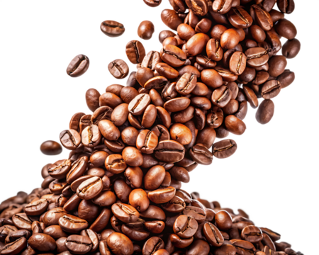 Rich brown coffee beans cascading in a dynamic flow with studio lighting isolated on a transparent background