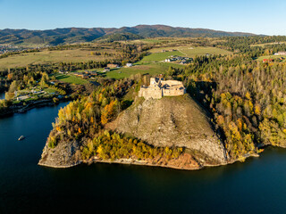 Ruins of medieval castle in Czorsztyn, Poland. Aerial view in fall