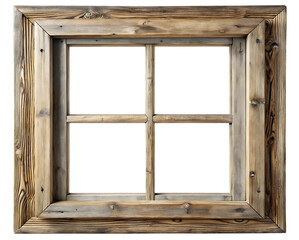 Rustic weathered wooden window frame with four panes and visible grain texture isolated on black isolated on a transparent background