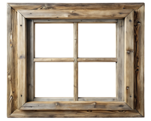 Rustic weathered wooden window frame with four panes and visible grain texture isolated on black isolated on a transparent background