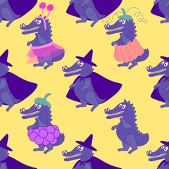 Halloween animals cartoon seamless crocodile monsters pattern for wrapping and kids clothes print and party accessories
