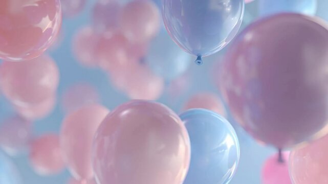 Floating pastel pink and blue balloons, concept of gender reveal parties and baby showers