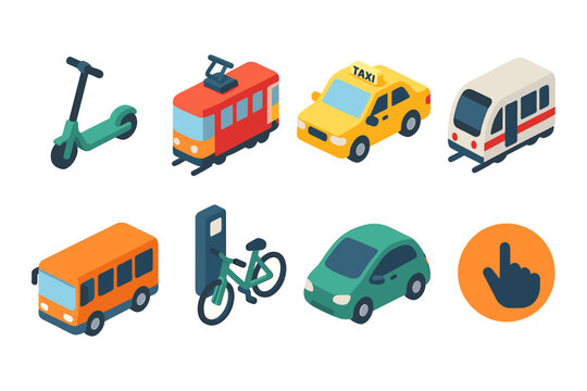 Urban transport icons set featuring isometric vehicles and mobility solutions