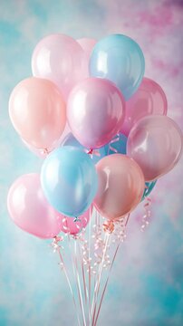 Floating pastel pink and blue balloons, concept of gender reveal parties and baby showers