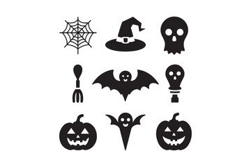 Collection of black halloween icons featuring pumpkins ghosts and bats