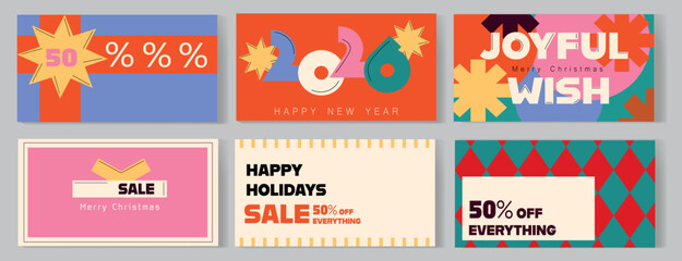 set of sale banners and labels, greeting horizontal card for New Year, Christmas, Happy Holidays in bold style