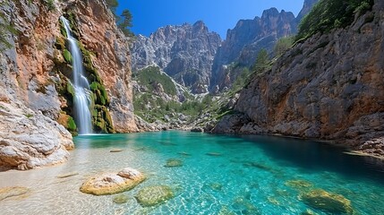 A serene tropical island with white sand beaches, turquoise water, and palm trees swaying in the breeze