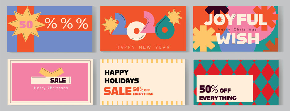 set of sale banners and labels, greeting horizontal card for New Year, Christmas, Happy Holidays in bold style