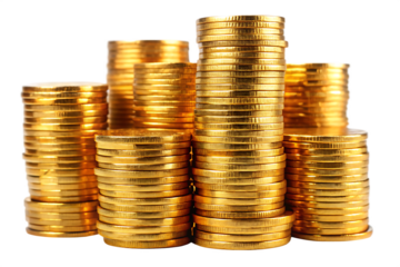 Stacks of shiny gold coins with studio lighting and sharp focus isolated on a transparent background