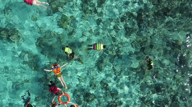 Aerial top view of Asian people snorkeling in the ocean of Kanawa Island, Labuan Bajo.