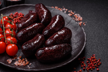 Blood sausage, pudding, meat food with lard and spices. Blood sausage