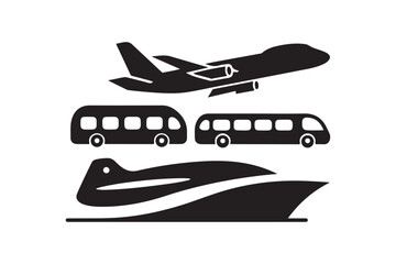 Icons representing different modes of transportation airplane buses and a boat